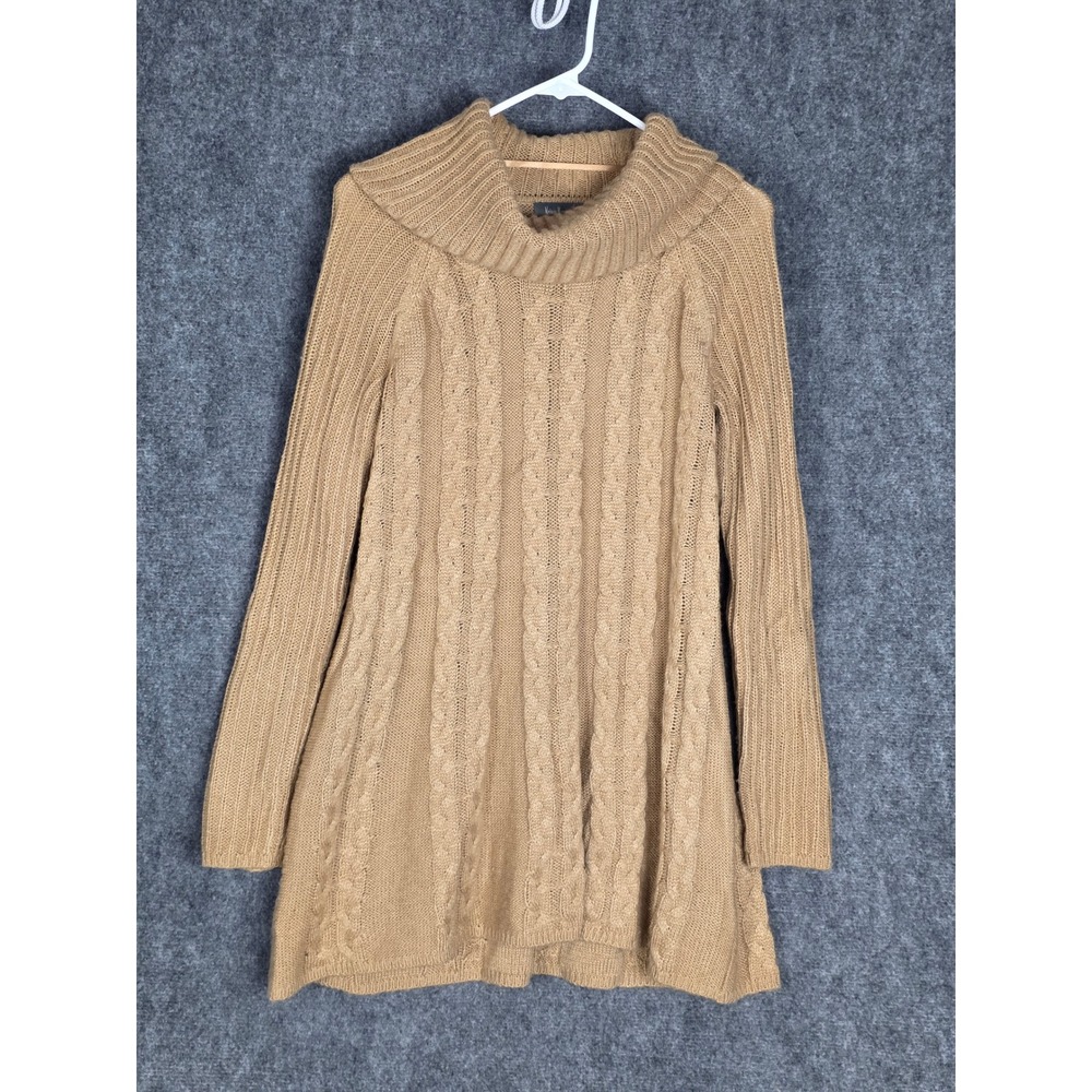Neiman Marcus Cowl Neck Cable Knit Tunic Sweater Tan M Classic Cottagecore Boho